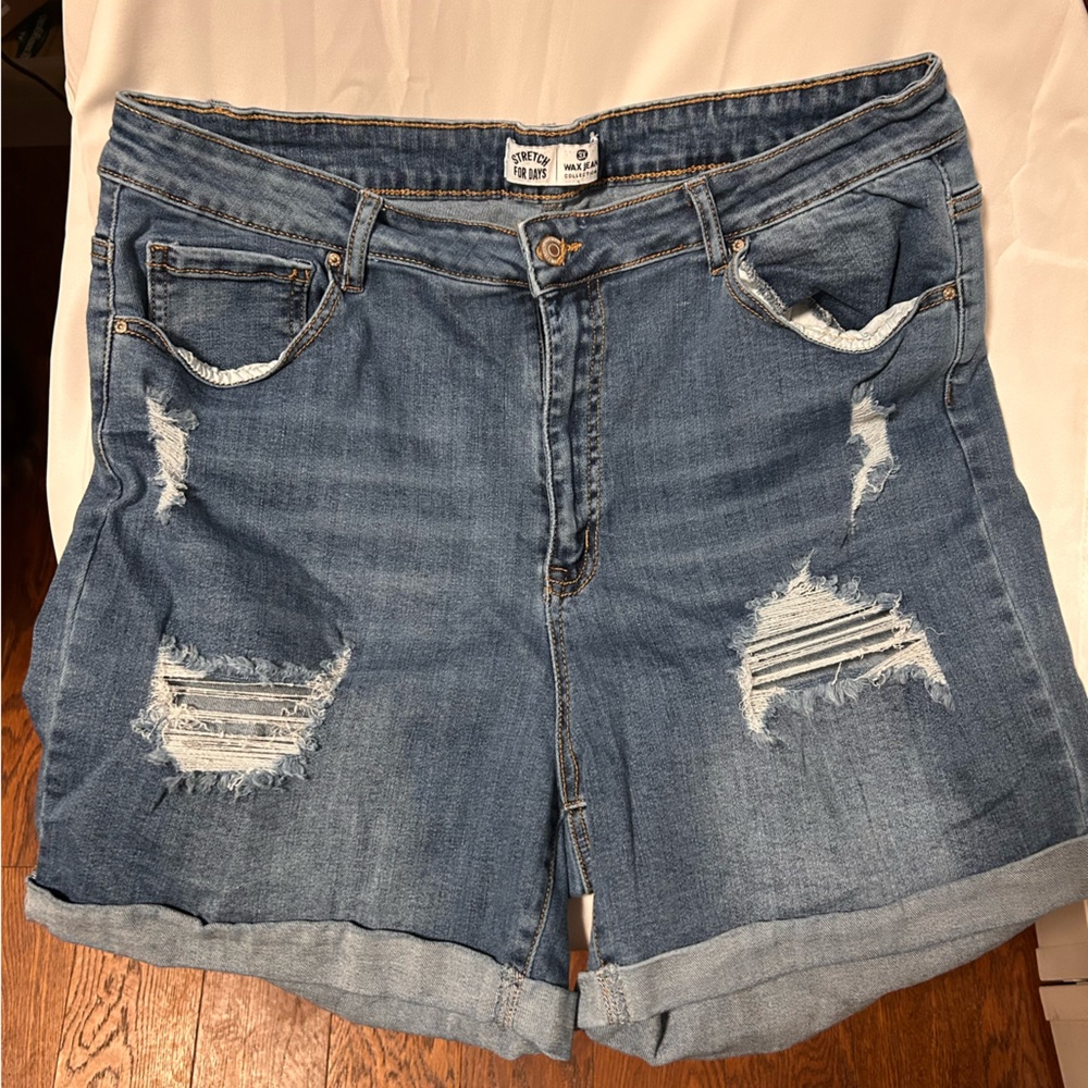 Wax Jean Distressed Rolled Hem Denim Shorts - Blue